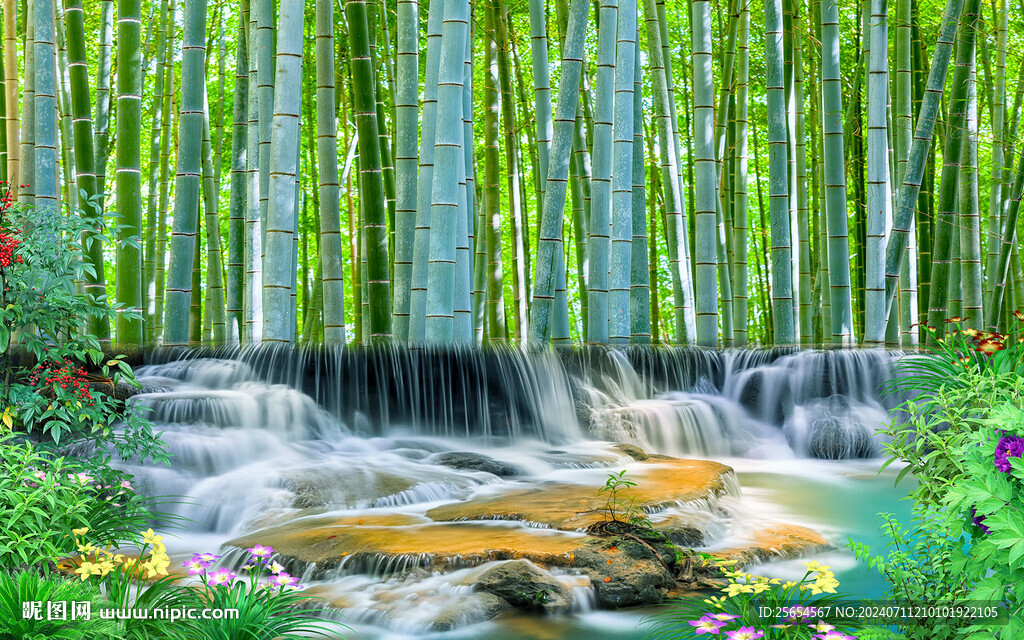 竹林流水生財3d風景背景墻