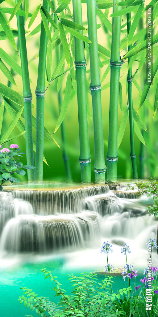 流水生財(cái)竹林風(fēng)景畫3D立體玄關(guān)