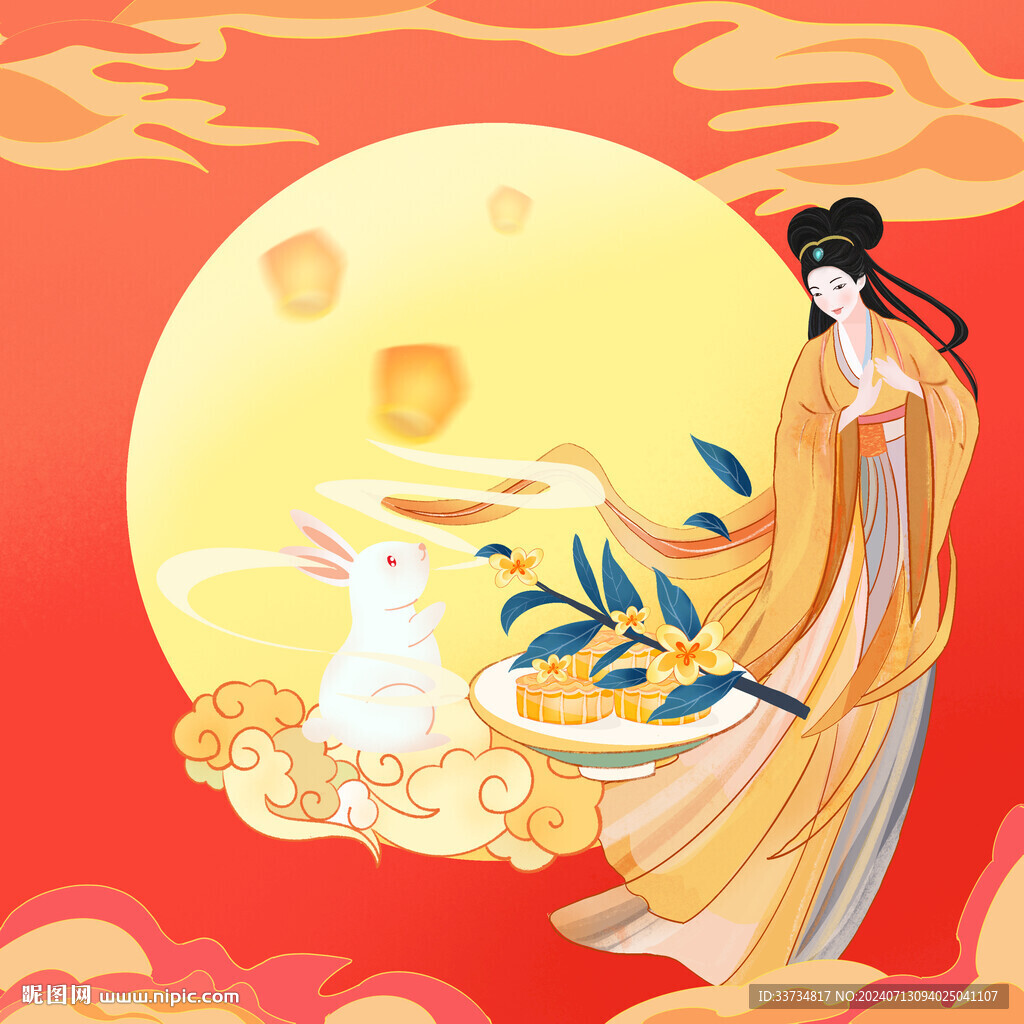 中秋節嫦娥玉兔插畫月餅盒素材