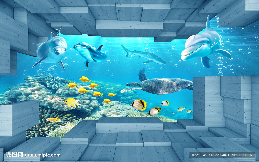 3D立體海豚海底世界背景墻