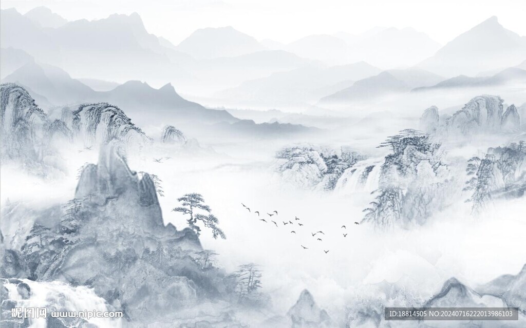 高山流水瀑布中式背景墻