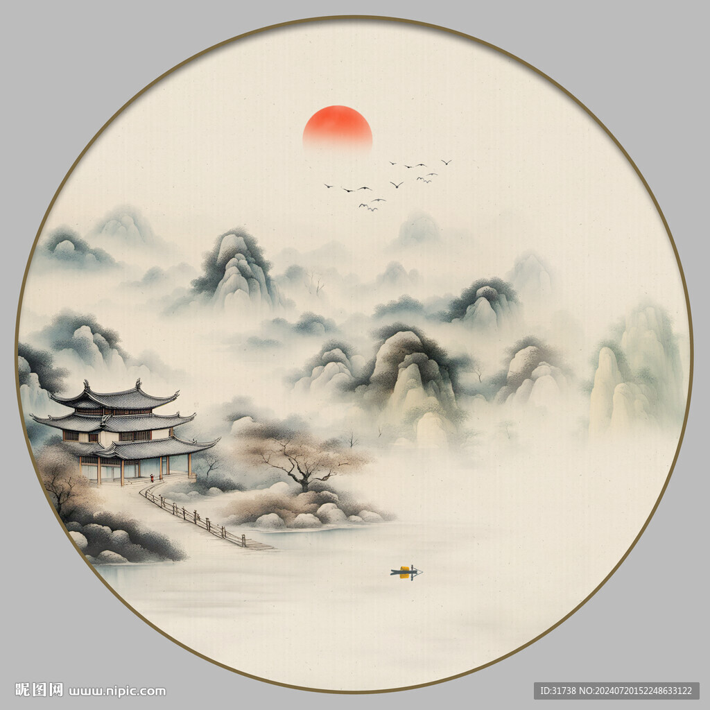 圓形山水水墨畫