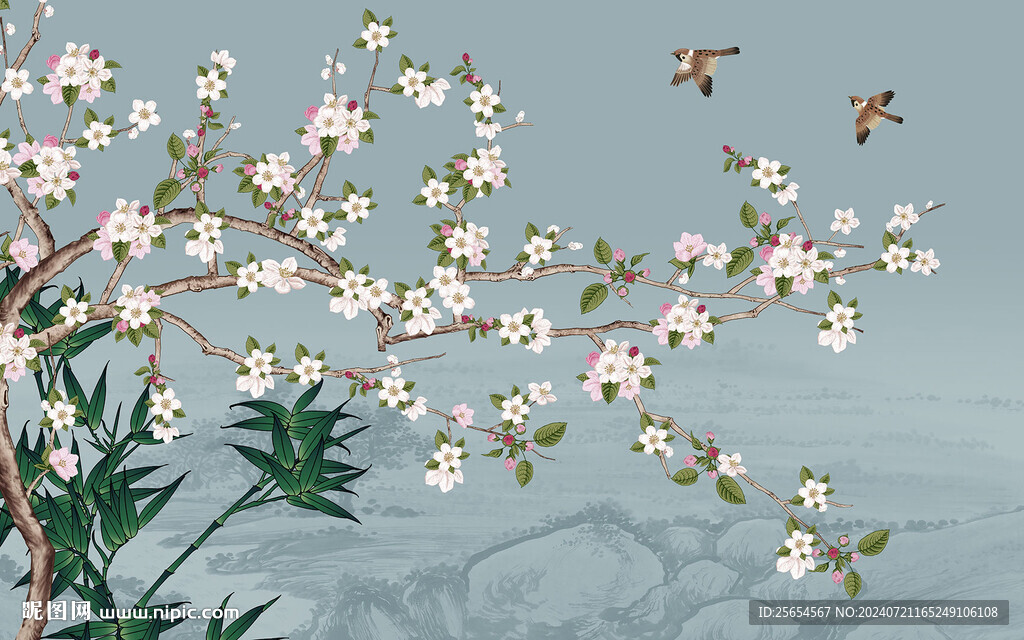 梅花花鳥新中式山水背景墻