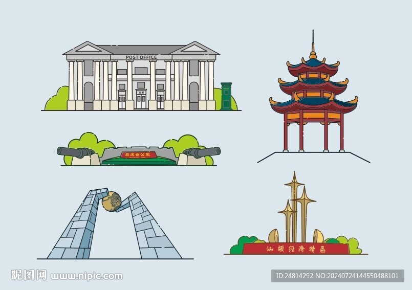 汕頭著名地標景點建筑卡通畫