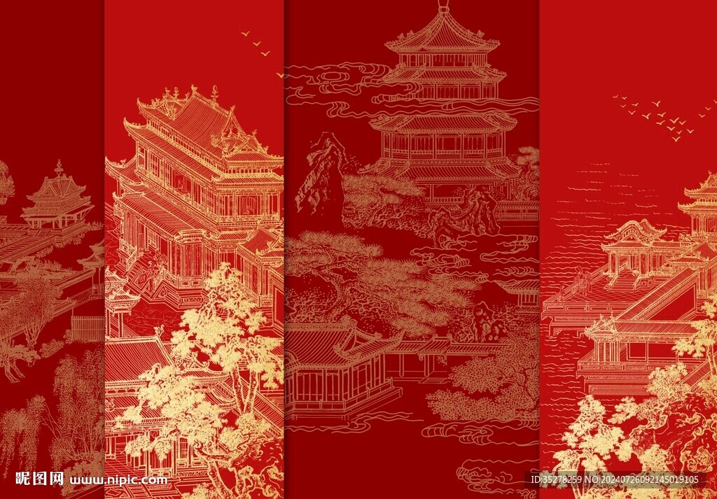新中式手繪線條建筑背景墻