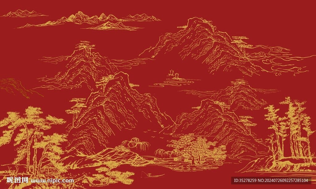 手繪線條山水背景墻