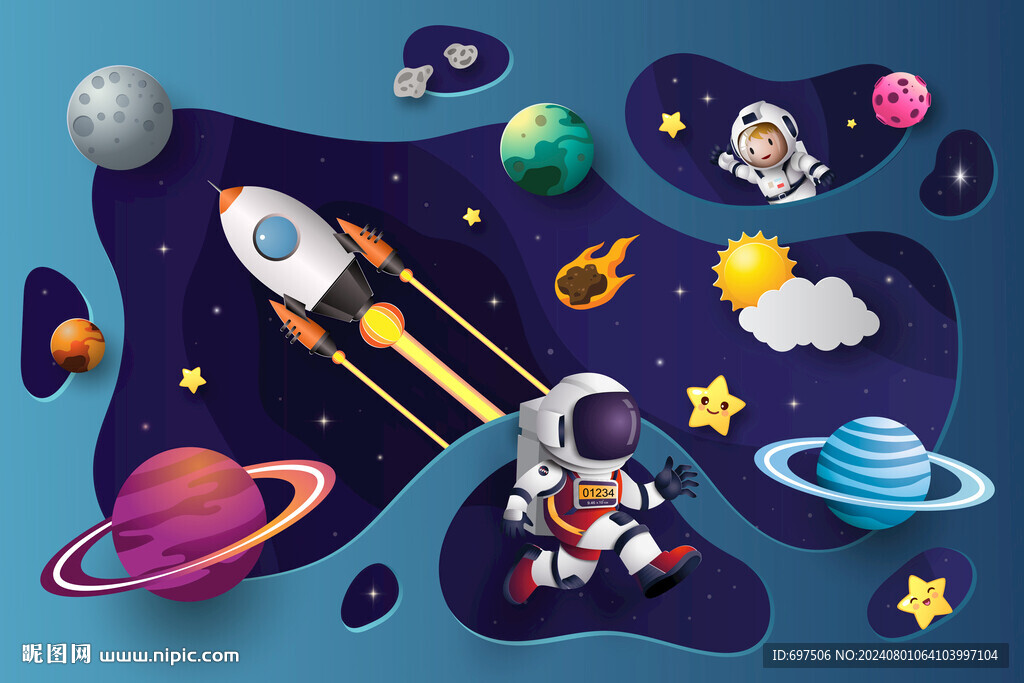 3D外太空火箭宇航員星球背景墻