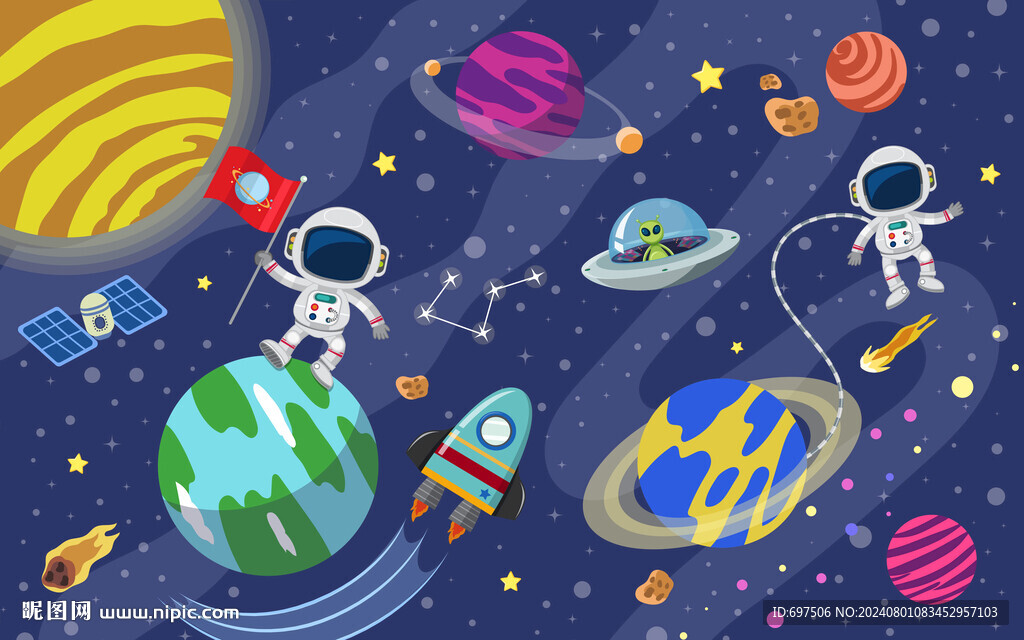宇宙星球卡通宇航員兒童房背景墻