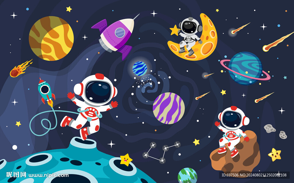 太空宇航員星球卡通宇宙星空背景
