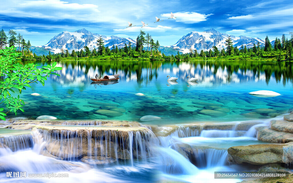 新中式流水生財山水風景背景墻