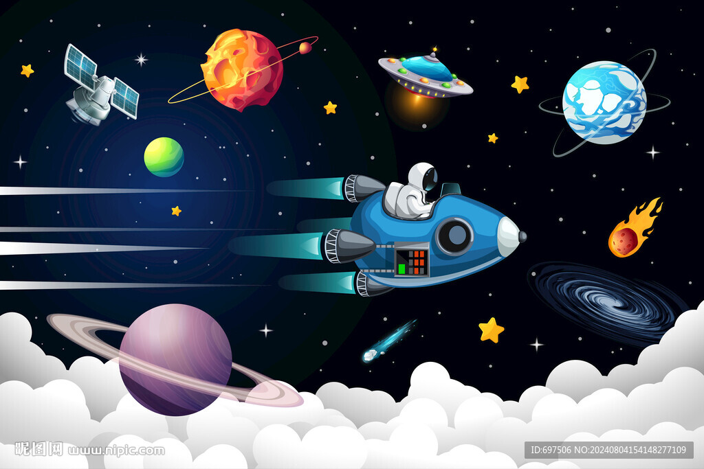 3D卡通宇航員火箭太空星球背景