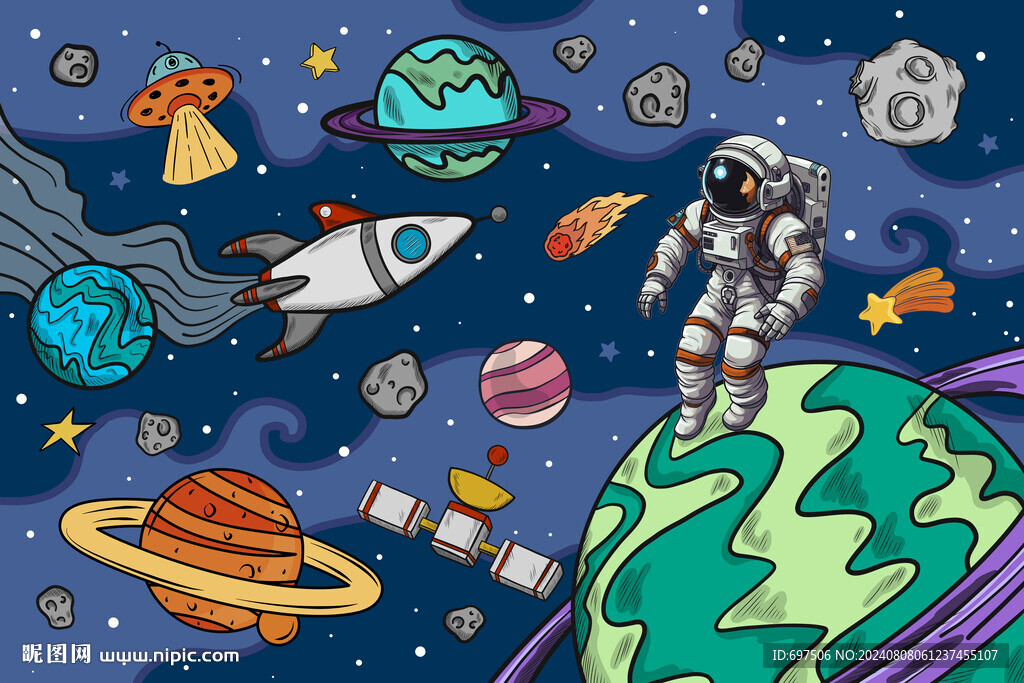 卡通宇宙火箭手繪宇航員星球背景