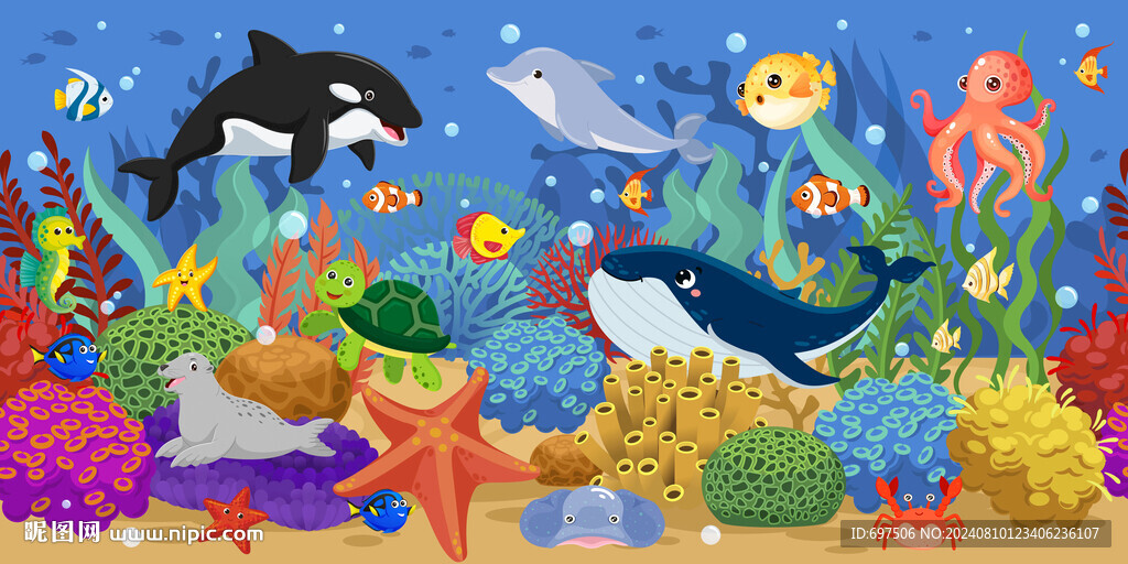可愛鯨魚卡通海底動物水族館背景