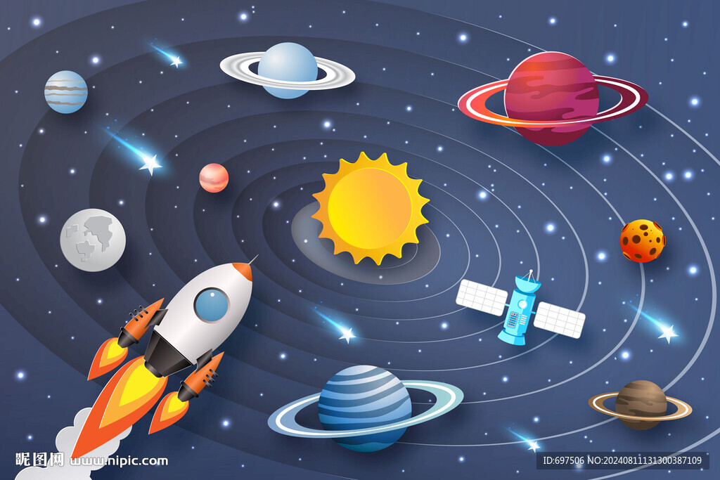 3D立體宇宙星球卡通火箭背景墻