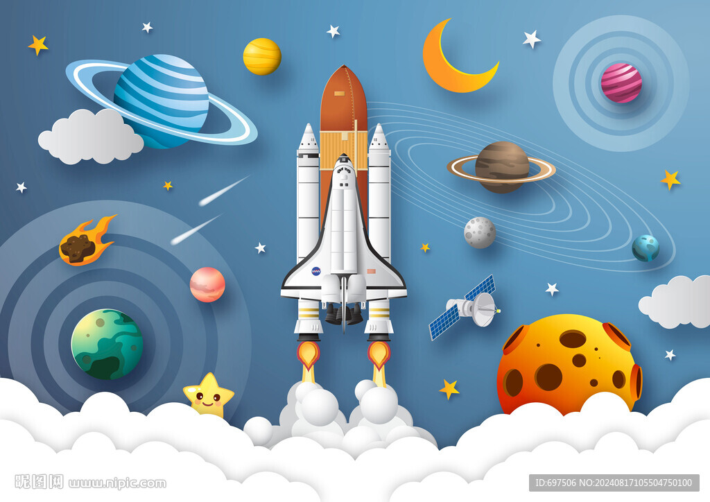 卡通火箭外太空宇航員星球背景墻