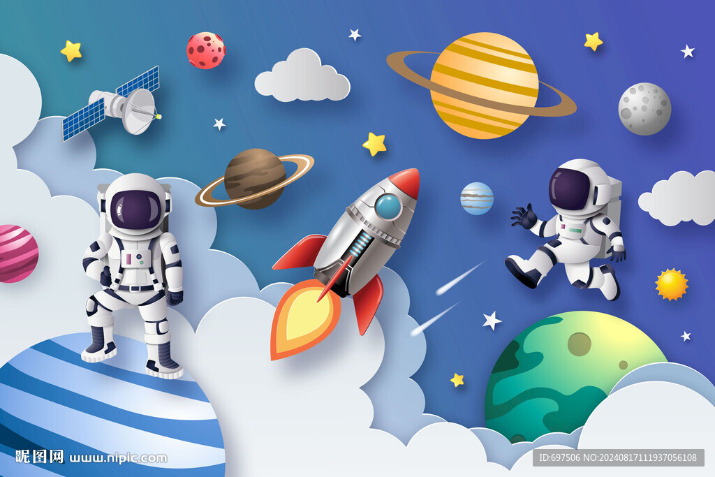 3D太空星球卡通宇航員火箭背景