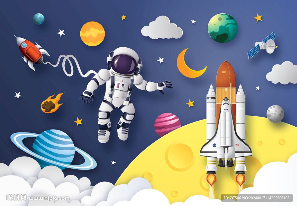 3D立體宇宙火箭宇航員星球背景