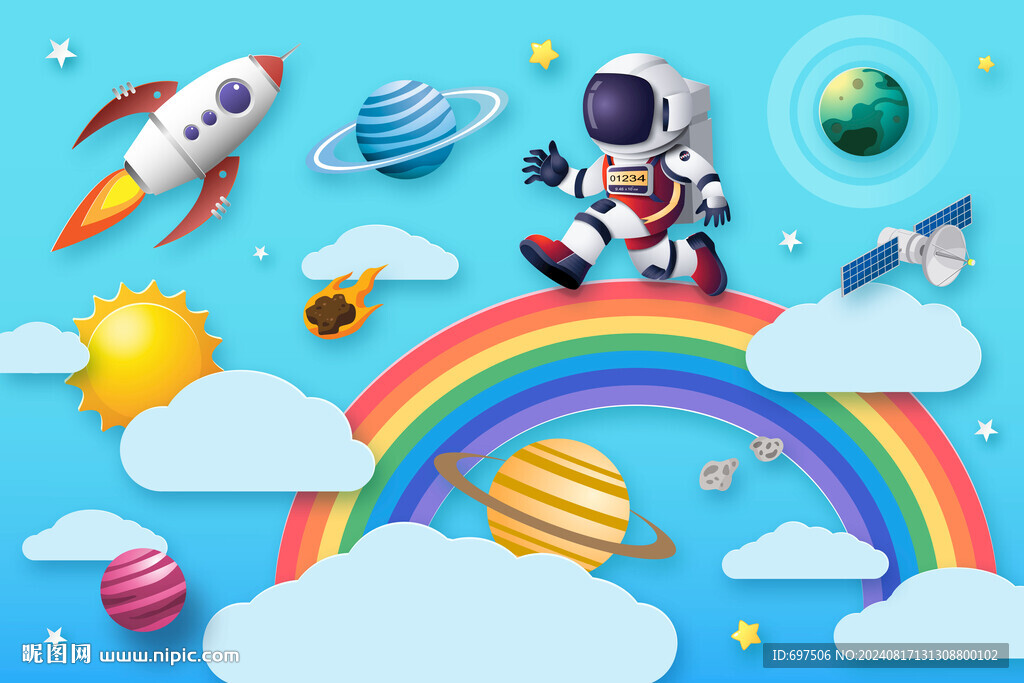 3D彩虹云朵宇航員星球火箭背景
