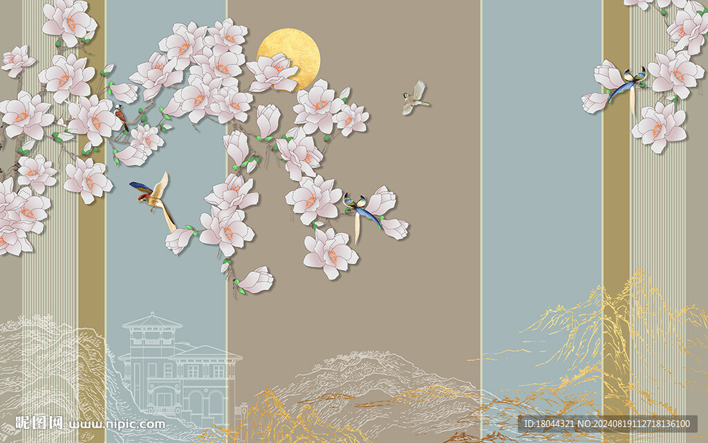 新中式花鳥(niǎo)線條電視背景墻