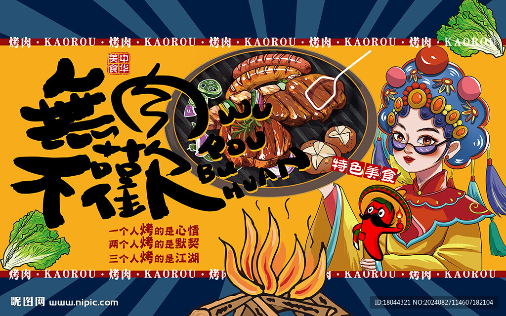 國潮無肉不歡烤肉工裝背景墻
