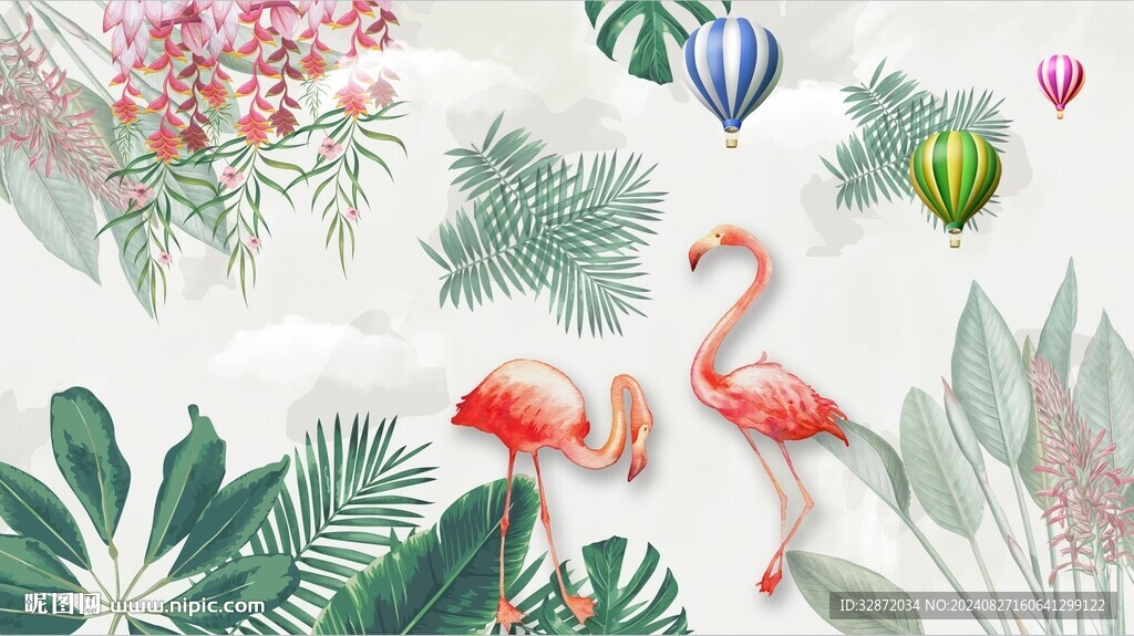 芭蕉葉火烈鳥電視背景墻