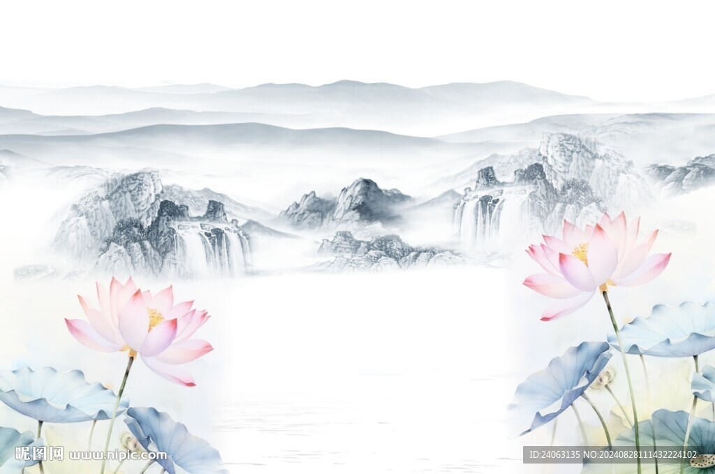 荷花山水背景墻