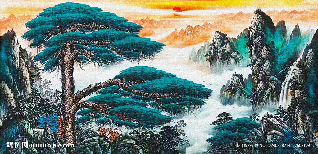 迎客松山水背景墻
