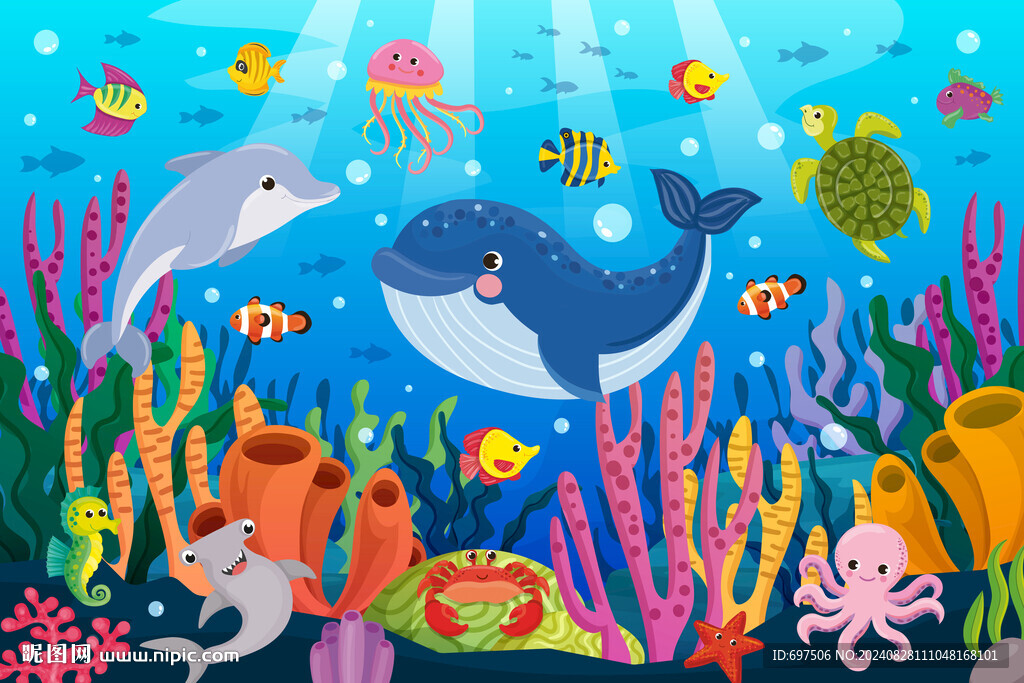 可愛(ài)鯨魚(yú)卡通海豚海底珊瑚背景墻