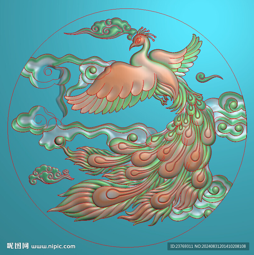 圓鳳凰祥云圓盤精雕圖灰度浮雕