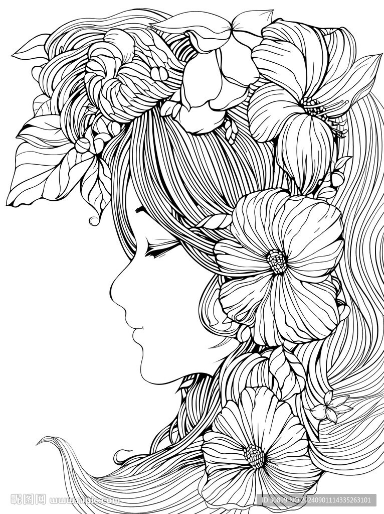 手繪戴花的少女線性插畫