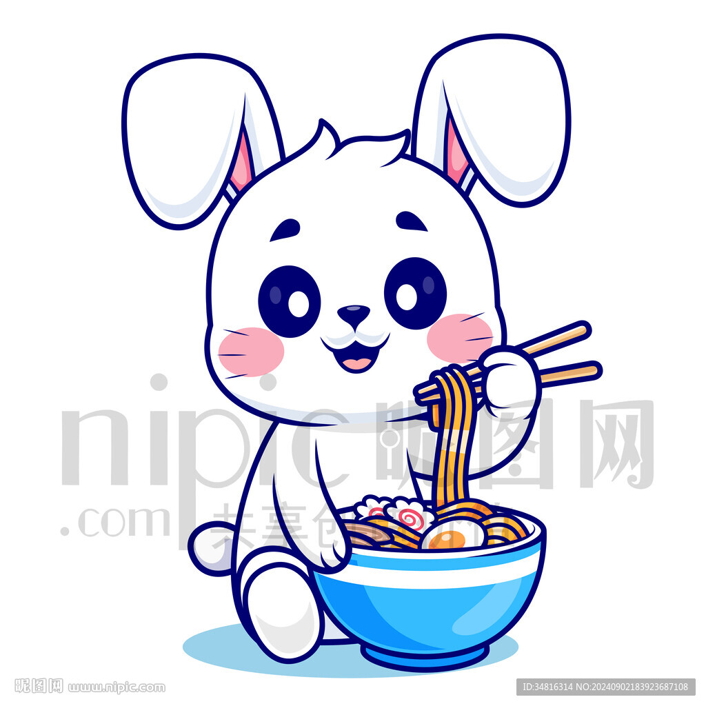 可愛卡通吃面條的小白兔