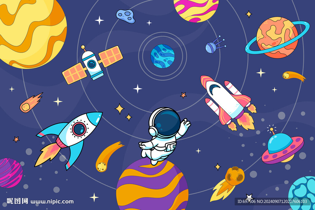 手繪宇宙星球卡通宇航員火箭背景
