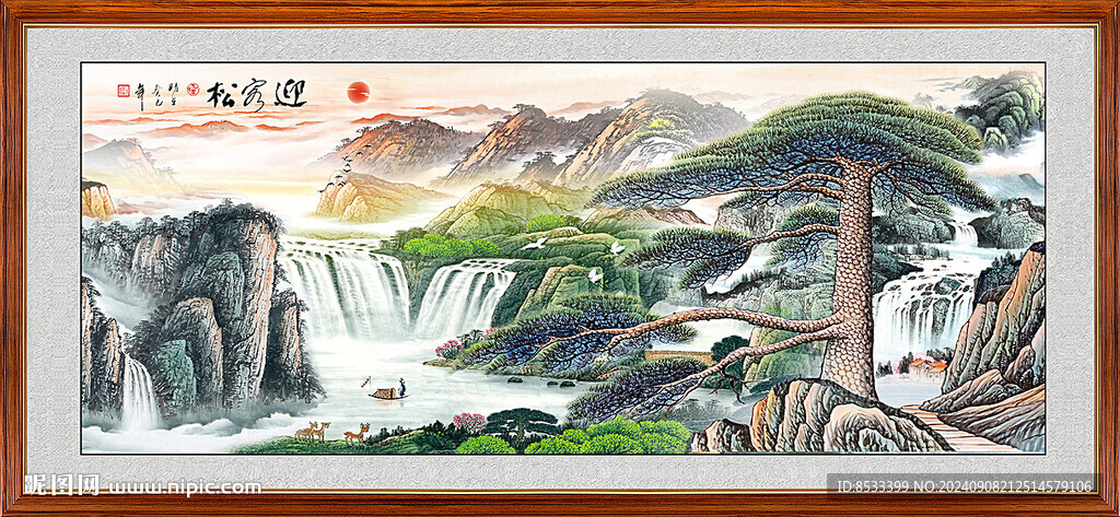 迎客松山水畫國畫風(fēng)景裝飾畫背景