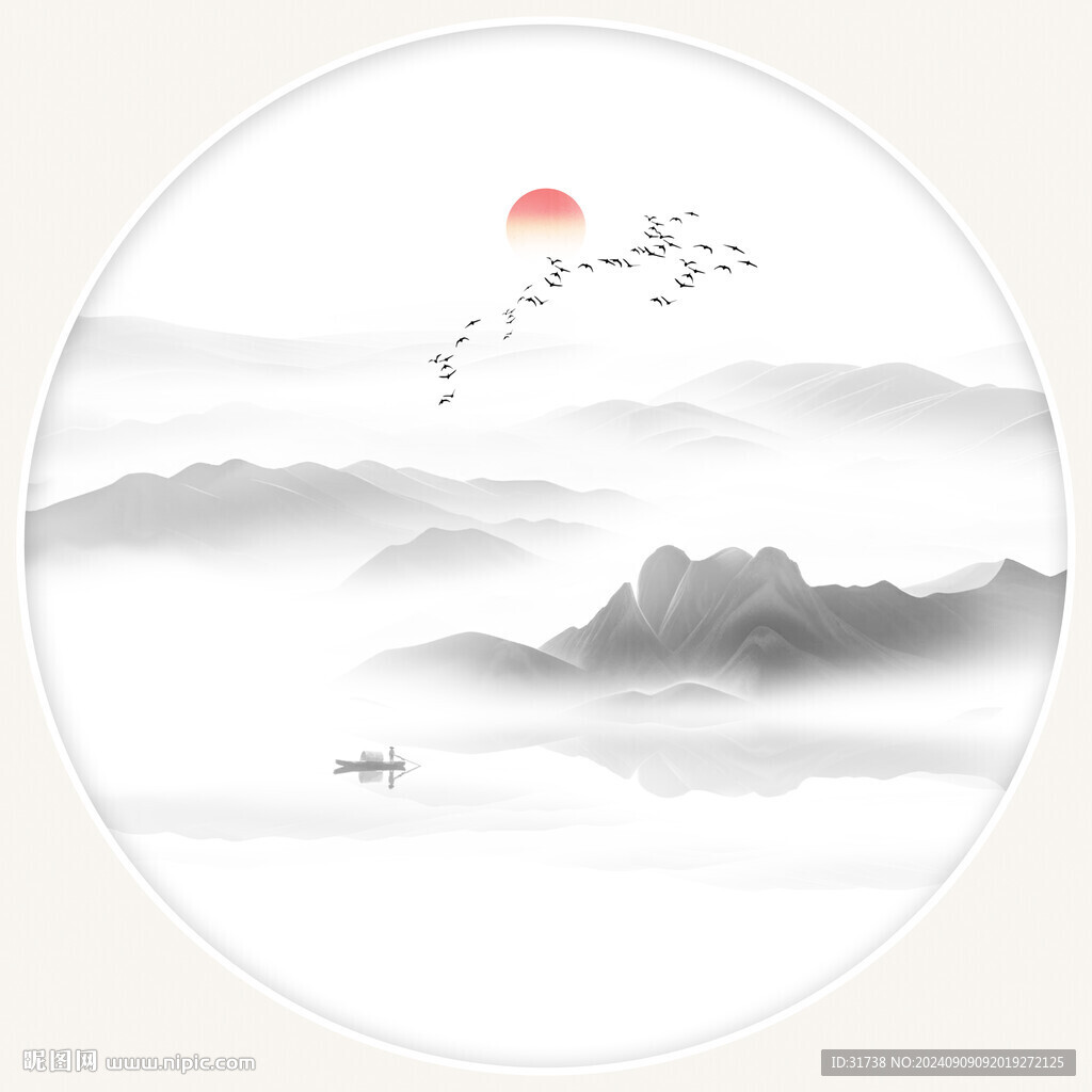 圓形山水畫水墨圖