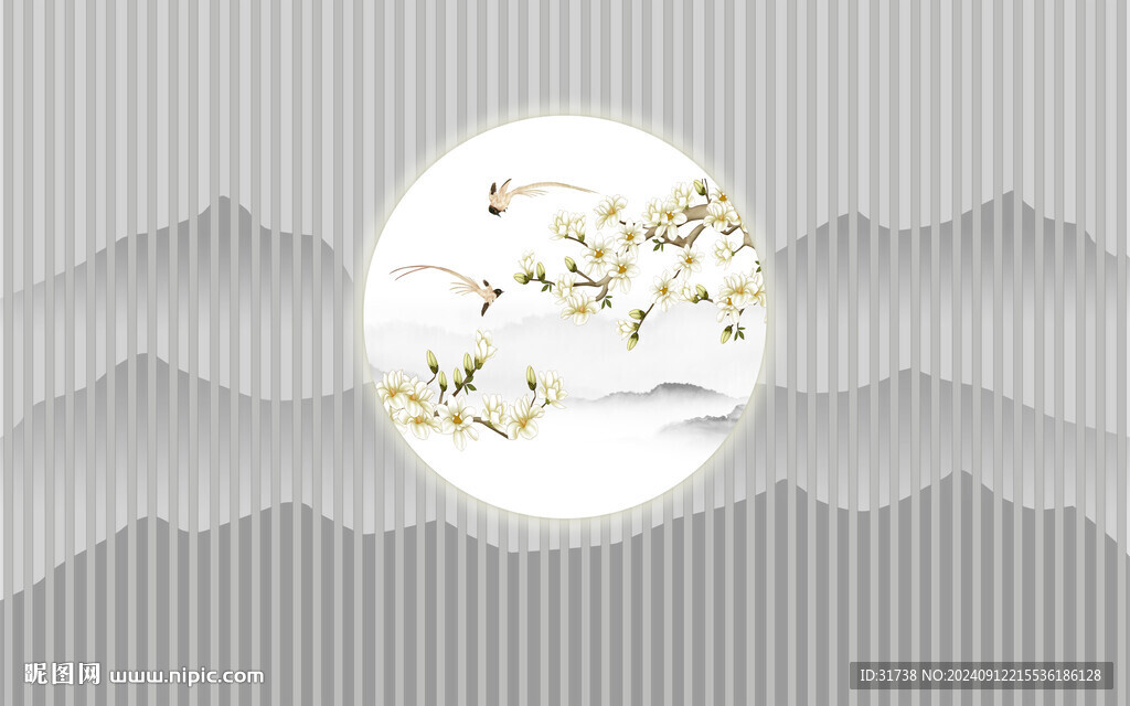 新中式格柵花鳥畫背景墻