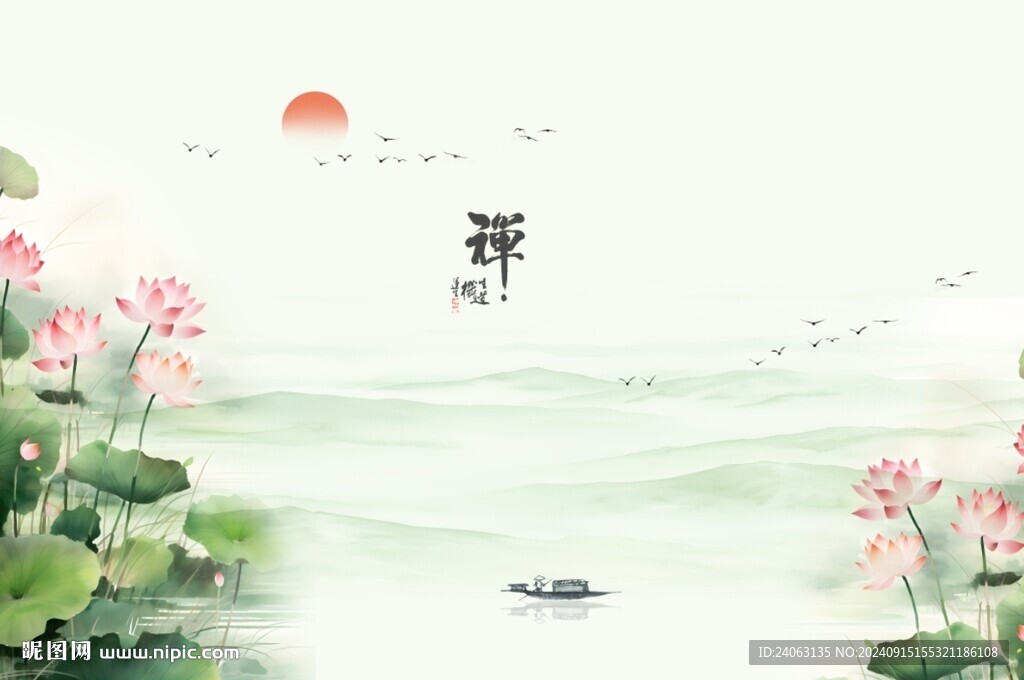 新中式荷花山水背景墻