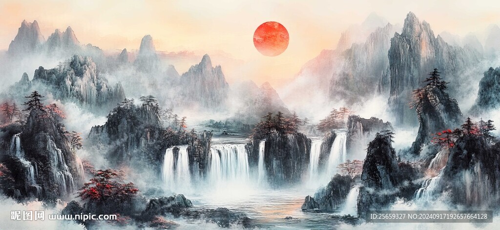 黃果樹瀑布中國風水墨畫高清