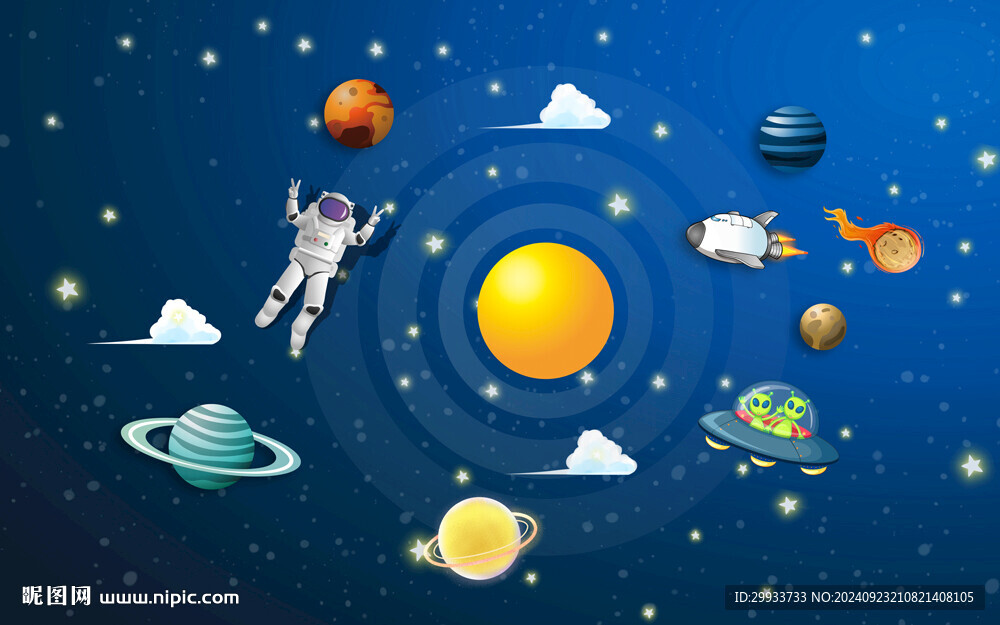 卡通太空人宇宙星空兒童房背景墻