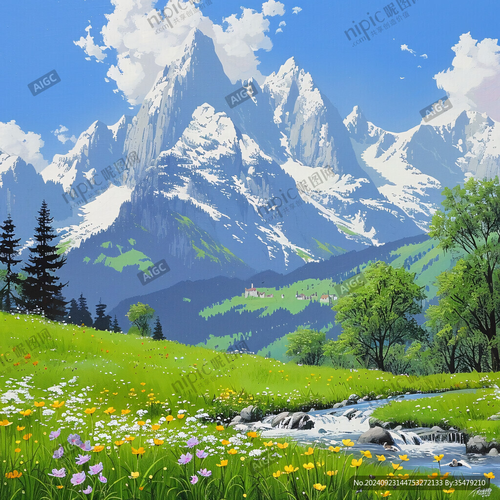 手繪草原草雪山