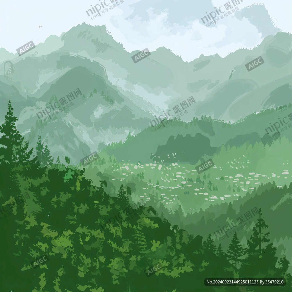 手繪森林山峰草地