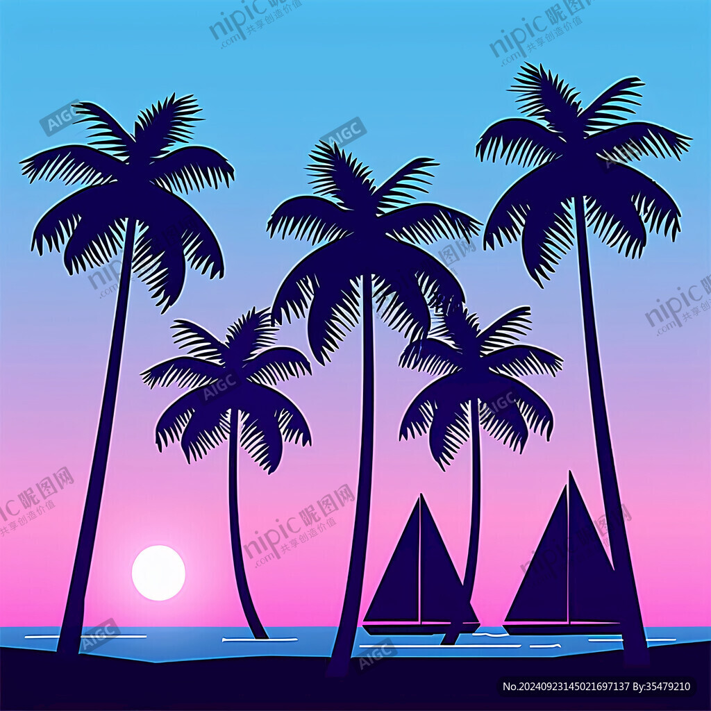 黃昏的海邊椰子樹剪影