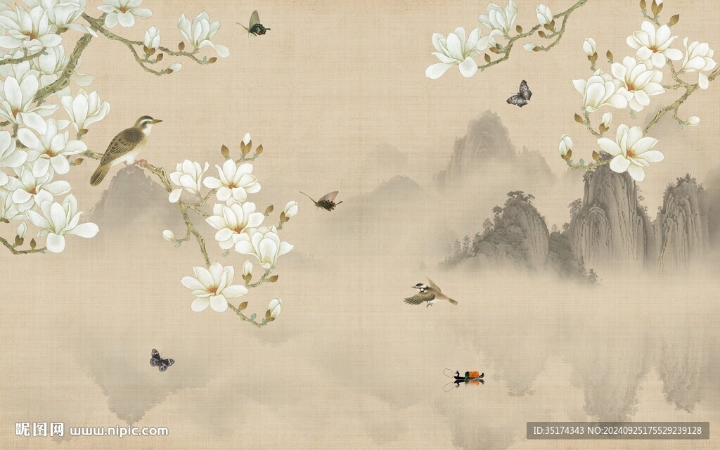 中式花鳥壁畫