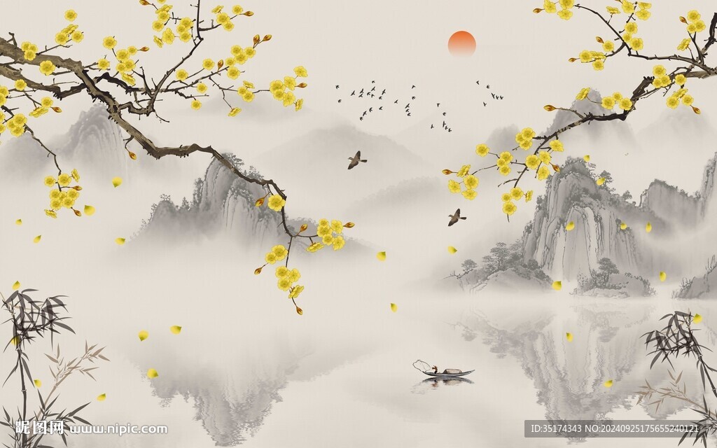 新中式花鳥圖背景墻