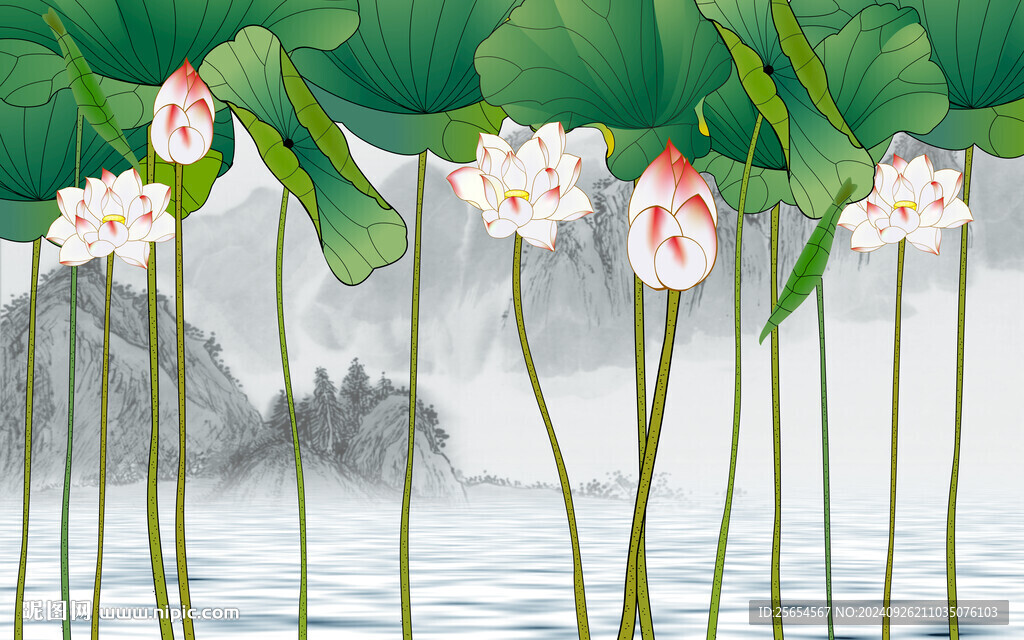 中式荷花背景墻