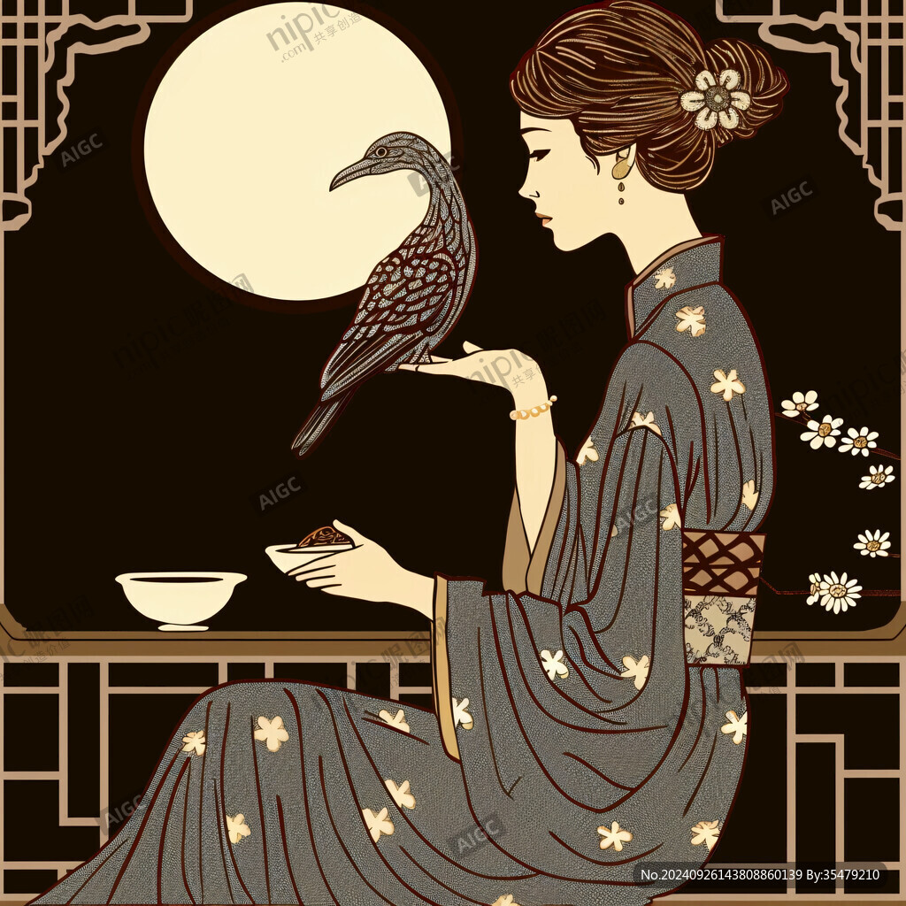 喝茶的旗袍美女插畫