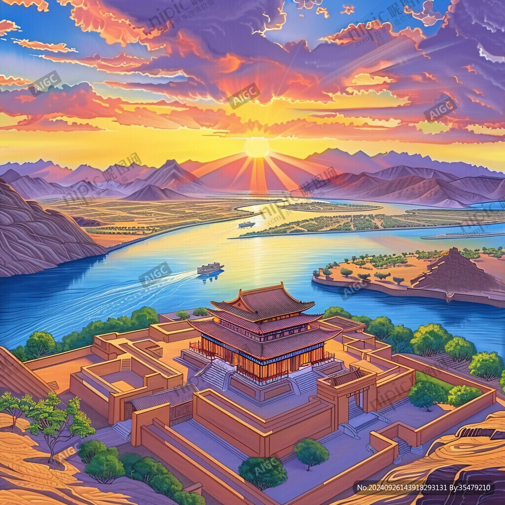 黃河上中游建筑插畫