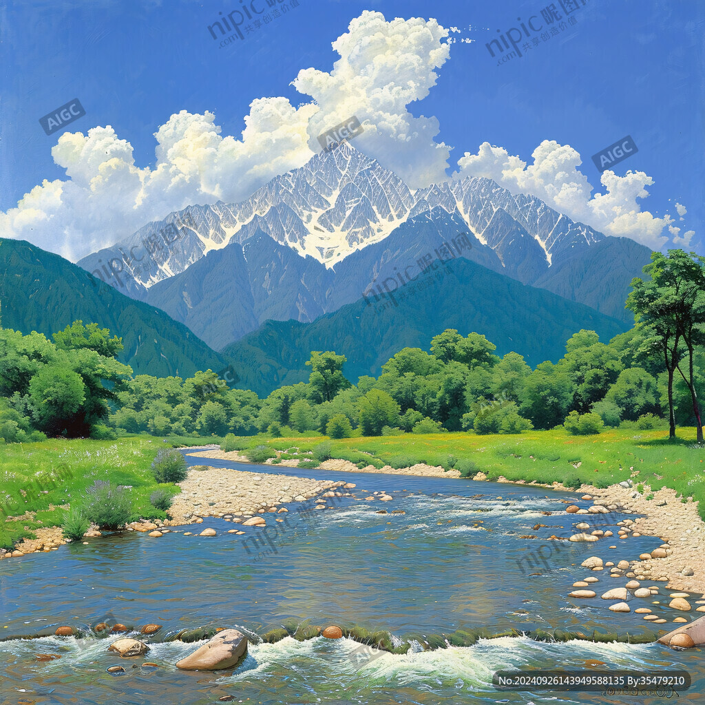 雪山河流油畫