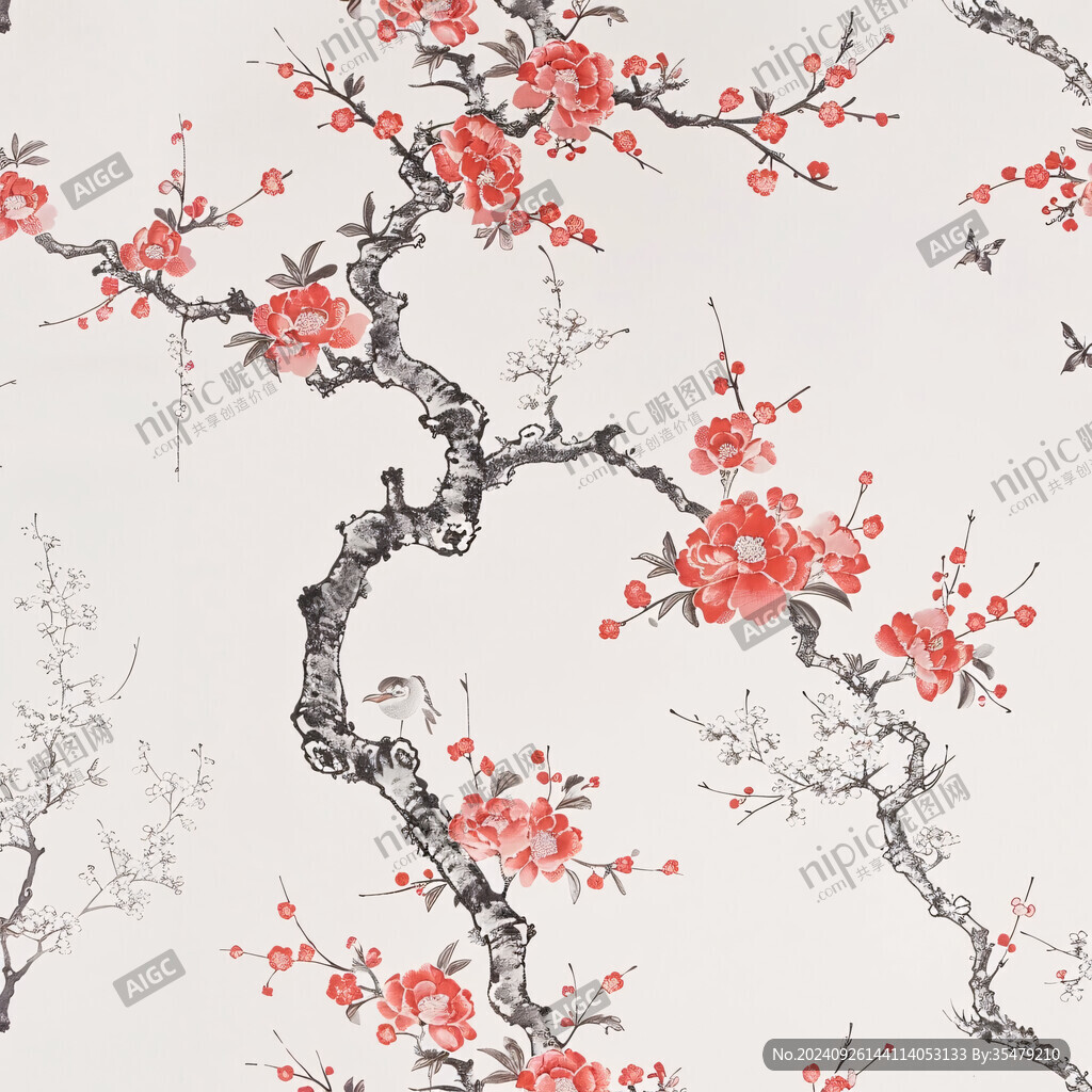 新中式手繪梅花花鳥(niǎo)