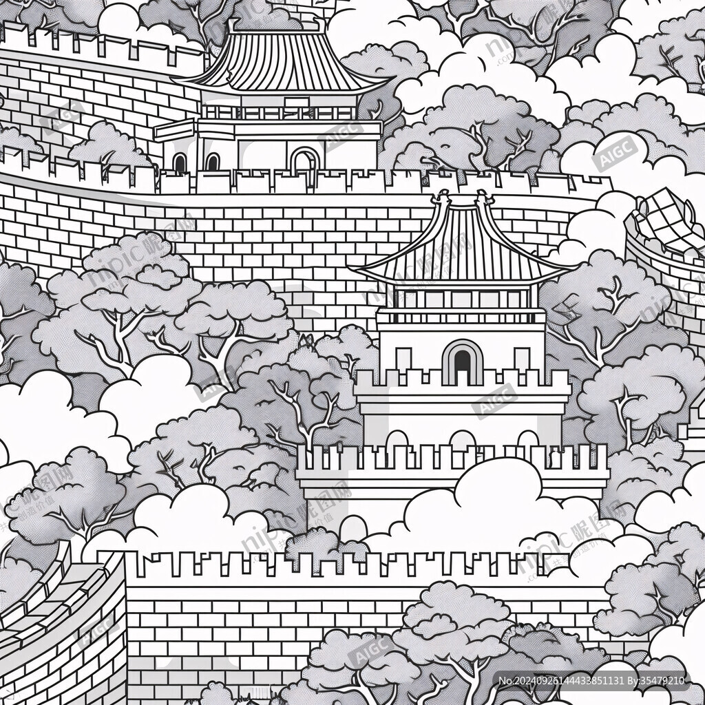 長城黑白插畫圖