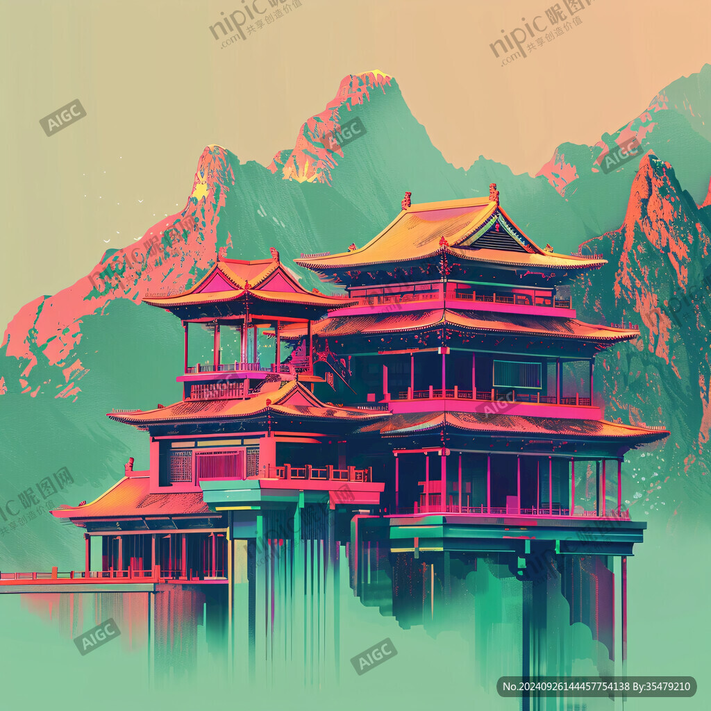 橫店地標(biāo)建筑山水畫
